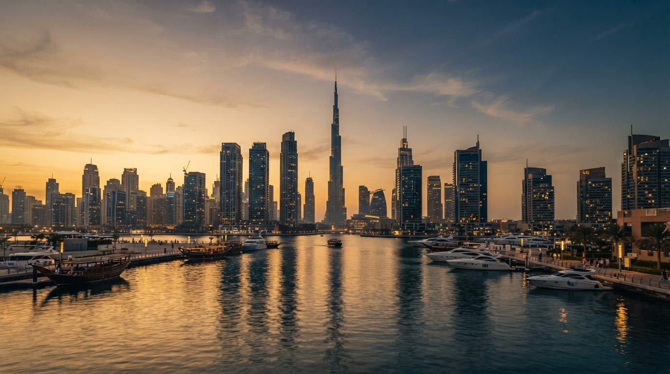City skyline at sunset